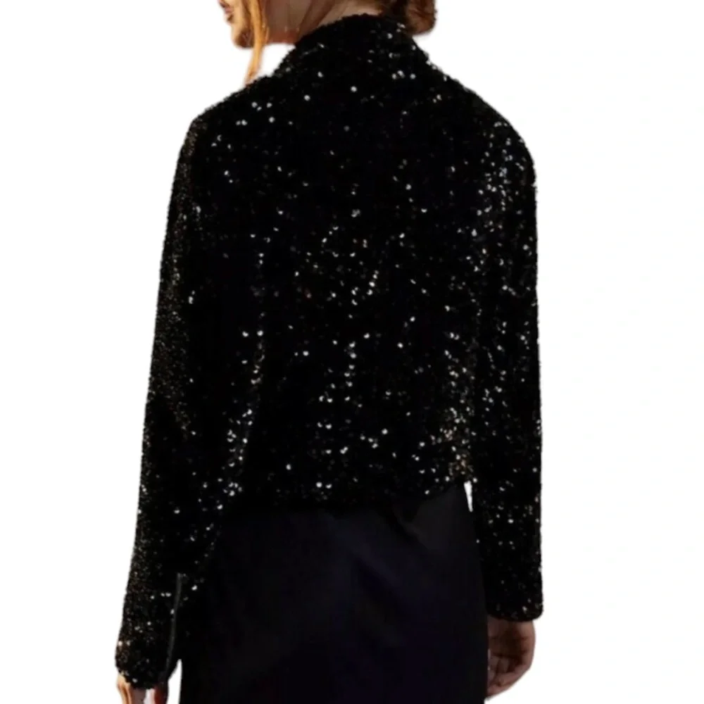 Maeve from Anthropologie Black Sequin Cropped Moto Jacket - Picture 2 of 12